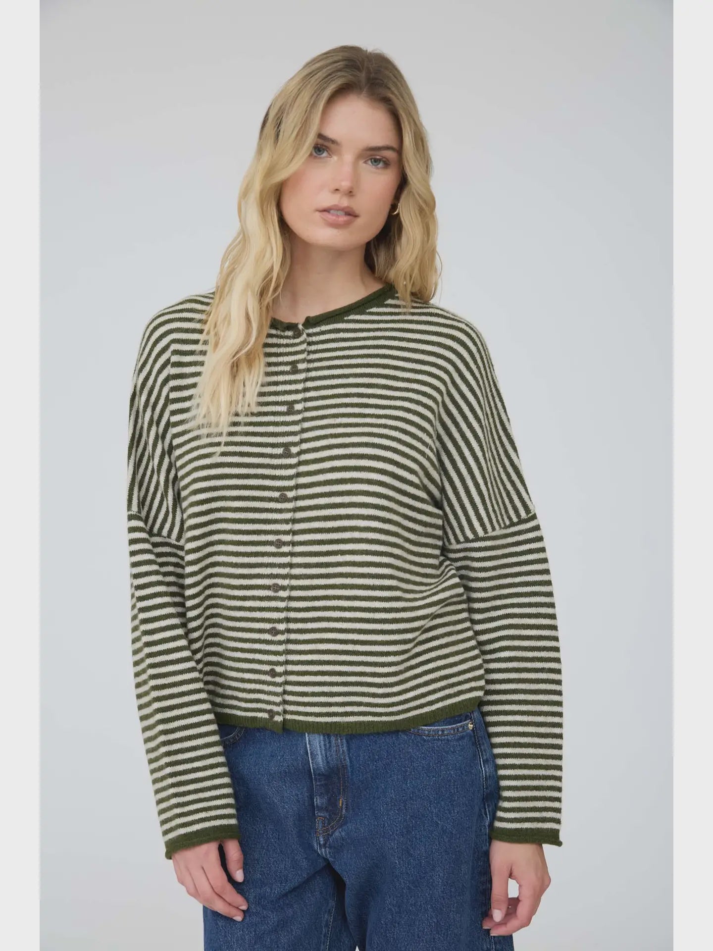 Olive Lottie Striped Knit Cardigan featuring a relaxed, slightly cropped fit, round neckline, long sleeves, button-front closure, and classic horizontal stripe pattern.