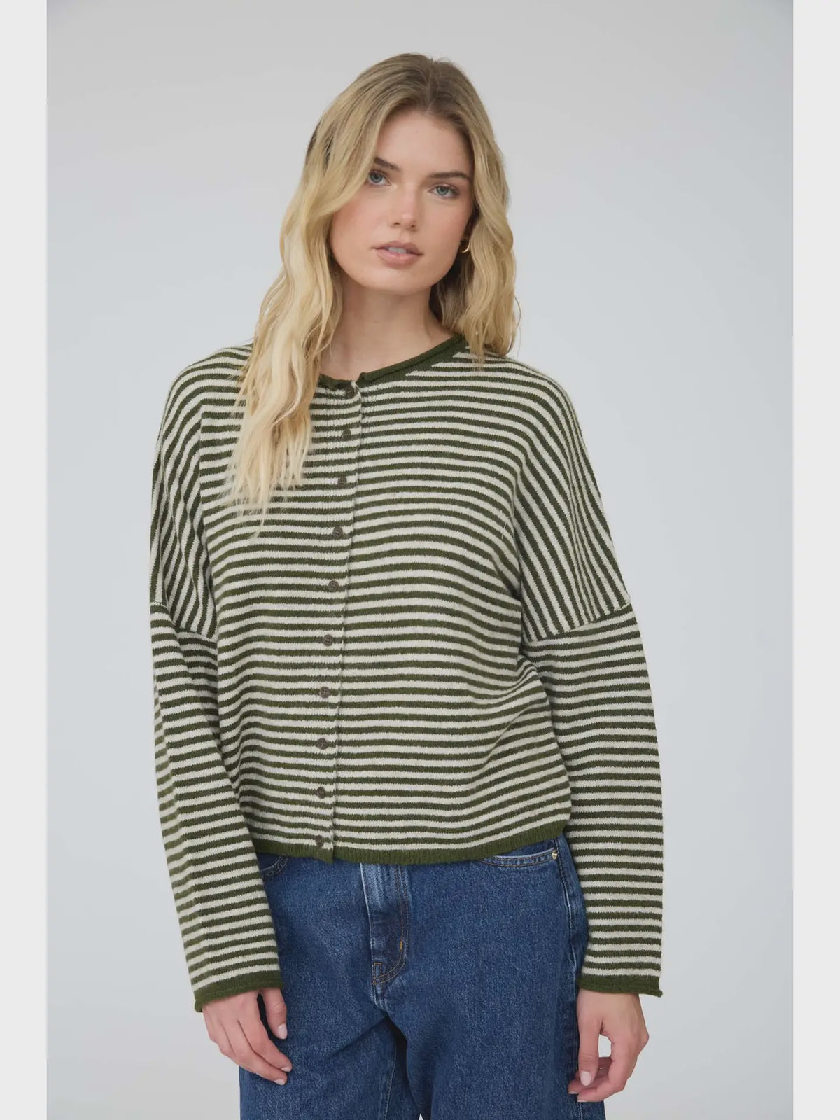Olive Lottie Striped Knit Cardigan featuring a relaxed, slightly cropped fit, round neckline, long sleeves, button-front closure, and classic horizontal stripe pattern.