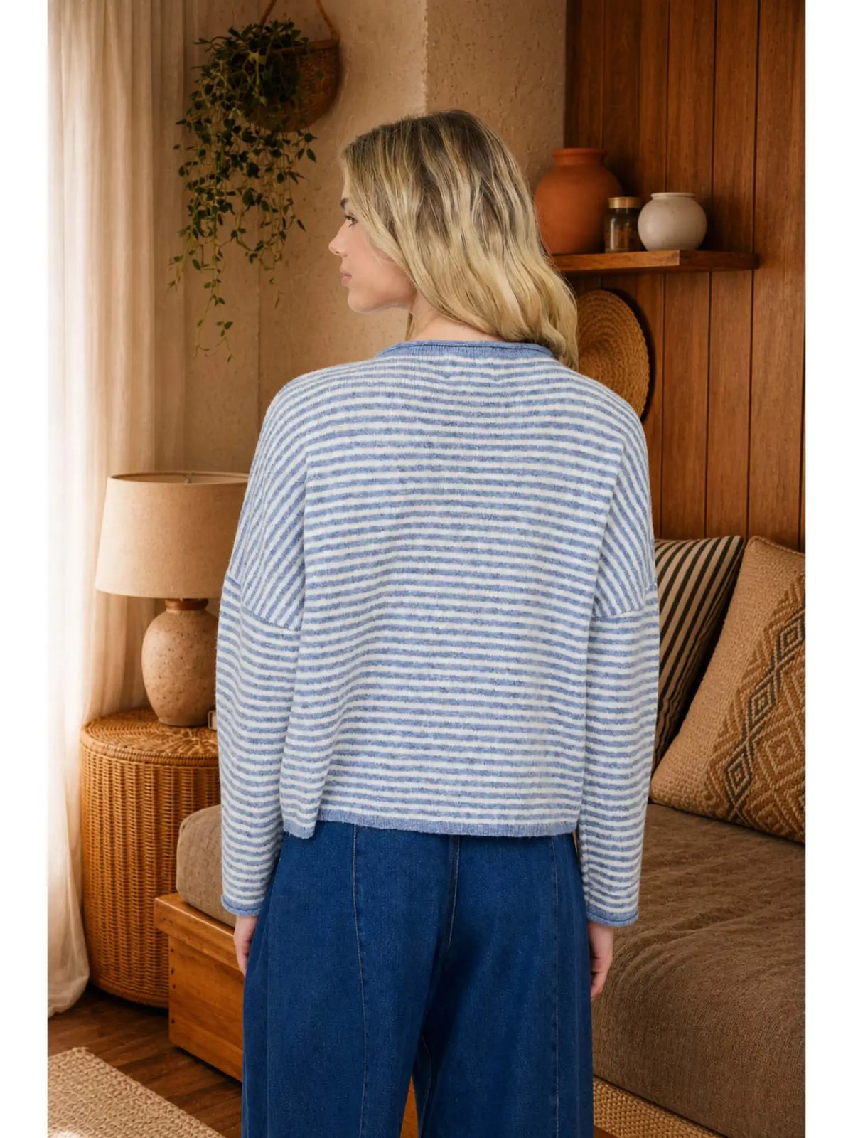 Blue Lottie Striped Knit Cardigan featuring a relaxed, slightly cropped fit, round neckline, long sleeves, button-front closure, and classic horizontal stripe pattern.