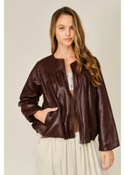 Merlot relaxed balloon bomber jacket in mahogany vegan leather, featuring a round neckline, front zip closure, pleated detailing, and elasticized cuffs and hem.