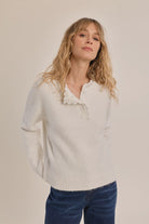 Knitted long-sleeve sweater featuring a delicate lace round collar, straight fit, and button-front closure.