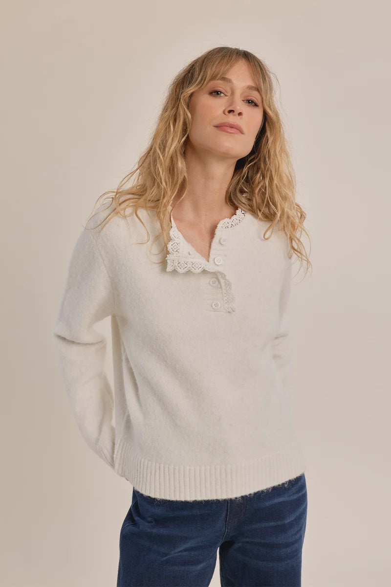 Knitted long-sleeve sweater featuring a delicate lace round collar, straight fit, and button-front closure.