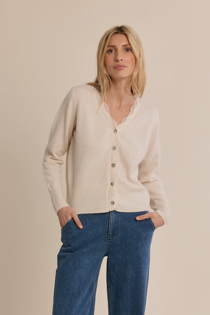 Short knit cardigan featuring long sleeves, a delicate lace-trimmed V-neckline, and classic full-length button-front closure.