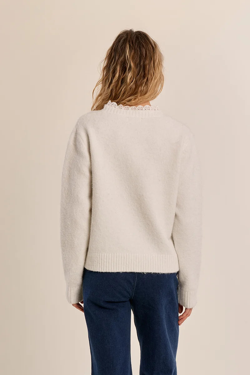 Knitted long-sleeve sweater featuring a delicate lace round collar, straight fit, and button-front closure.
