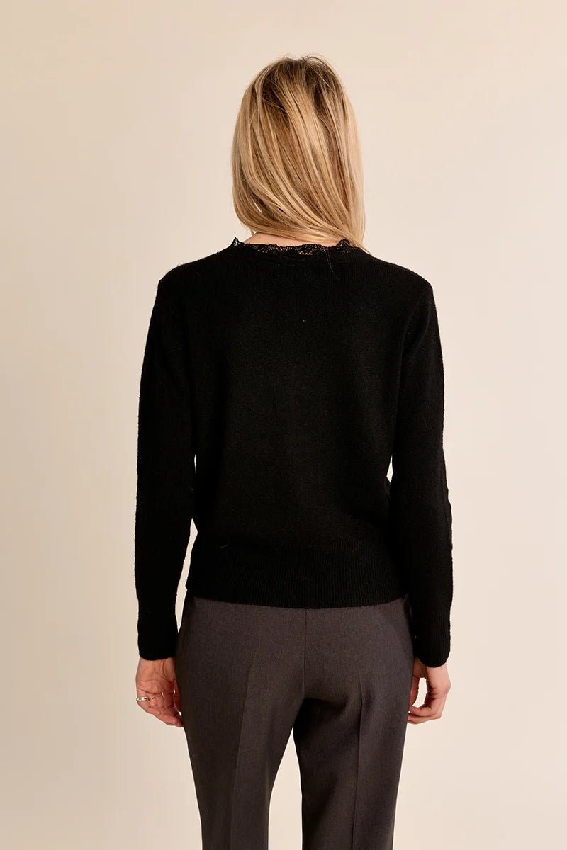 Short knit cardigan featuring long sleeves, a delicate lace-trimmed V-neckline, and classic full-length button-front closure.