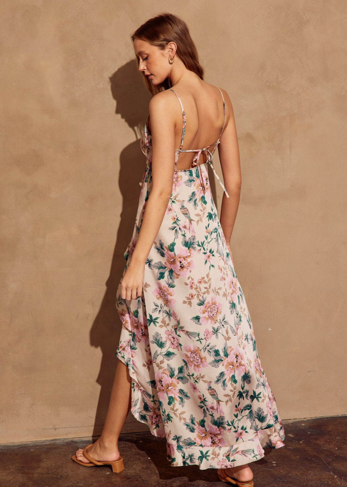 Morning Meadow Satin Ruffle Maxi Dress