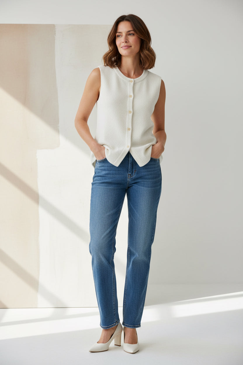 Beige sleeveless button-up vest on a white background