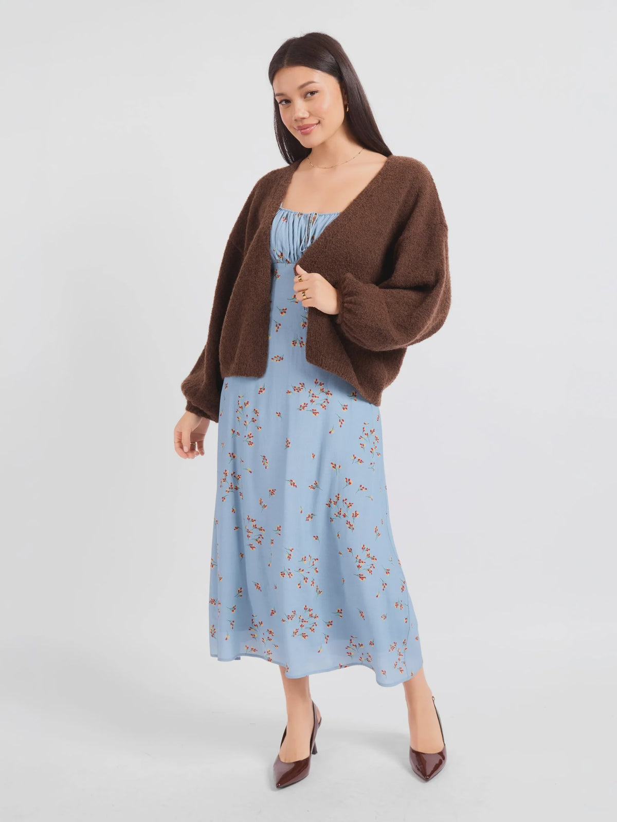 Sadie & Sage Marley Dolman Sleeve Cardigan featuring a soft, fuzzy knit, open-front design, slightly cropped length, and relaxed voluminous dolman sleeves.
