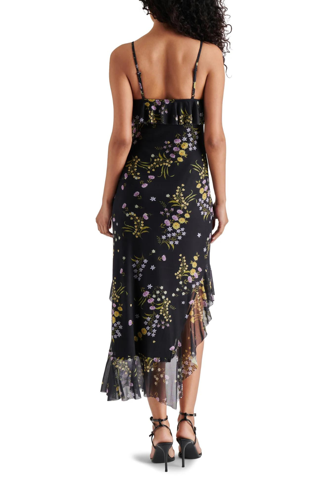Steve Madden Aida Dress. The Steve Madden Aida Dress is a gorgeous noodle-strap dress with an asymmetrical hem and tired detailing on the entire dress! The fabric is a black base with a purple and yellow floral design. Pair this dress with boots or heels for a gorgeous look!