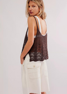 Too-cool tank featured in an open-knit fabrication and soft linen-blend with a scoop-neckline and feminine scalloped trim.