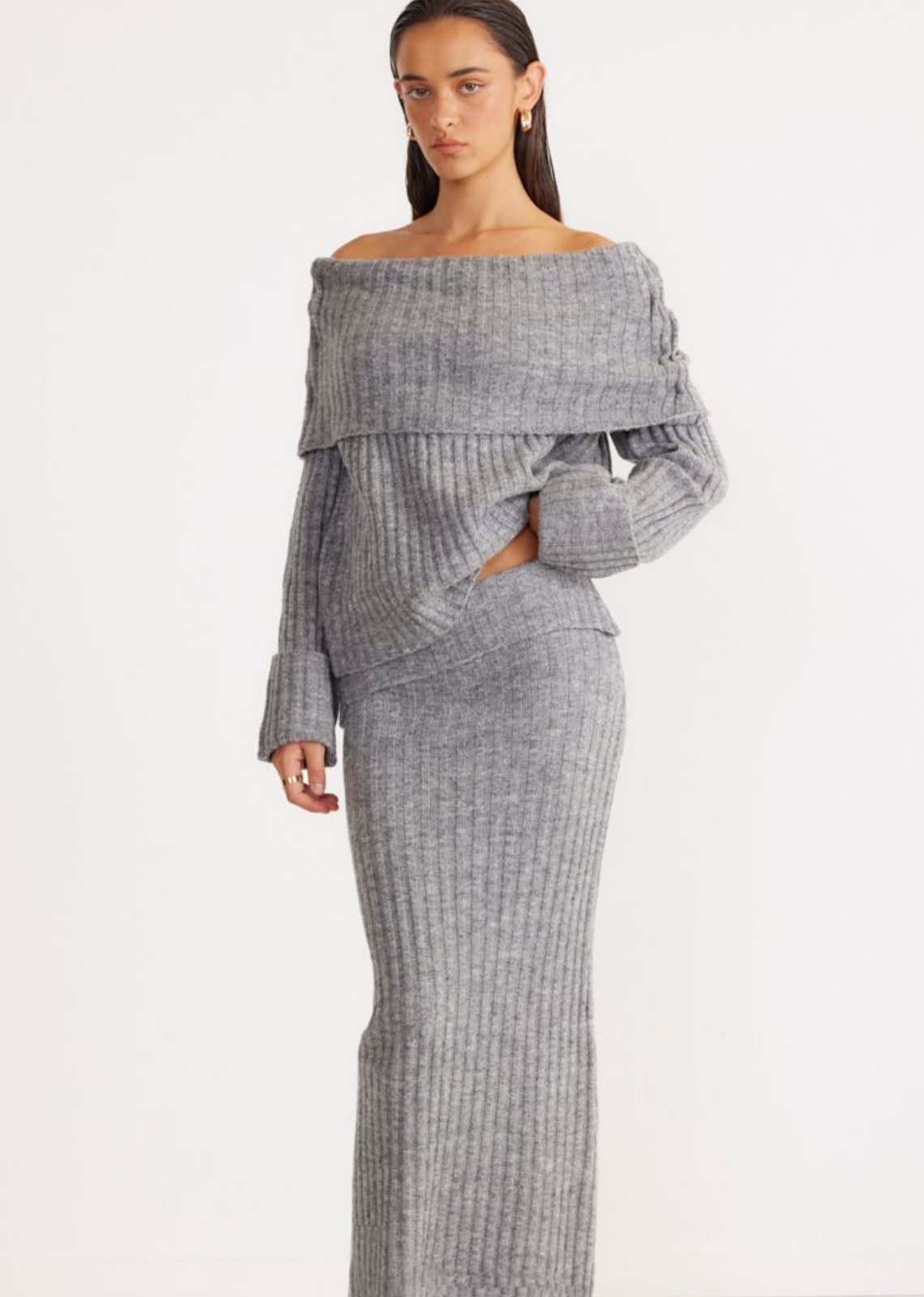 Sundays The Label Brooks Off Shoulder Jumper- Grey Melange