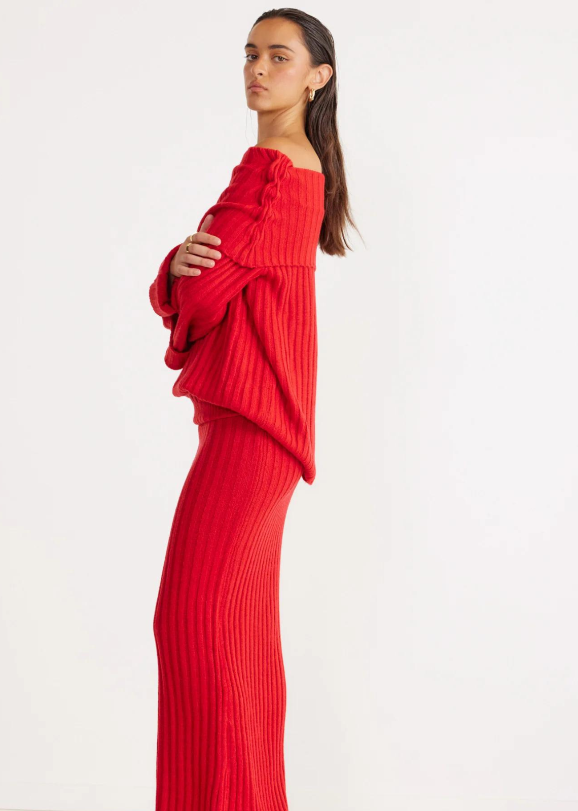 Sundays The Label Brooks Off Shoulder Jumper- Scarlet