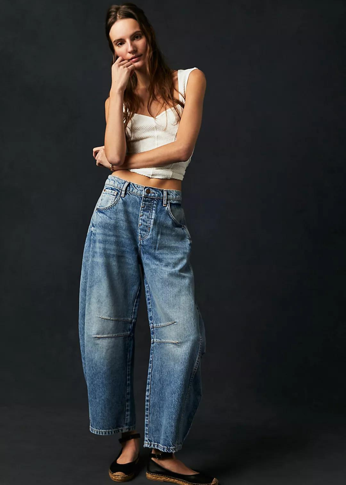 We The Free Good Luck Mid-Rise Barrel Jeans. So bold barrel jeans from our We The Free collection featured in a mid-rise fit with subtle distressed detailing and wide-legs that taper at the ankle.