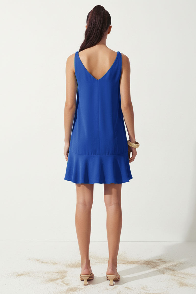 Capri blue sleeveless mini dress featuring a V-neckline, delicate ball-detail shoulder straps, a relaxed A-line silhouette, and a flutter hem