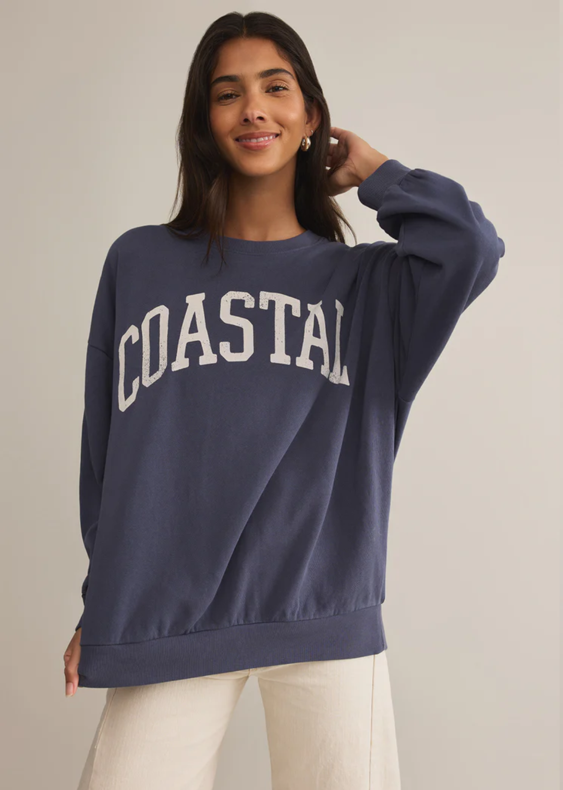 navy oversized pullover graphic sweater 