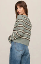 Striped knit cardigan featuring a crew neckline, button-front closure, long sleeves, and a lightweight, regular fit in a sage green base with cream and brown stripes.
