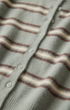 Striped knit cardigan featuring a crew neckline, button-front closure, long sleeves, and a lightweight, regular fit in a sage green base with cream and brown stripes.

