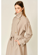 Monroe relaxed longline trench coat in soft, textured fabric, featuring a layered neckline, double-button front closure, and adjustable waist belt for a polished, sophisticated look.
