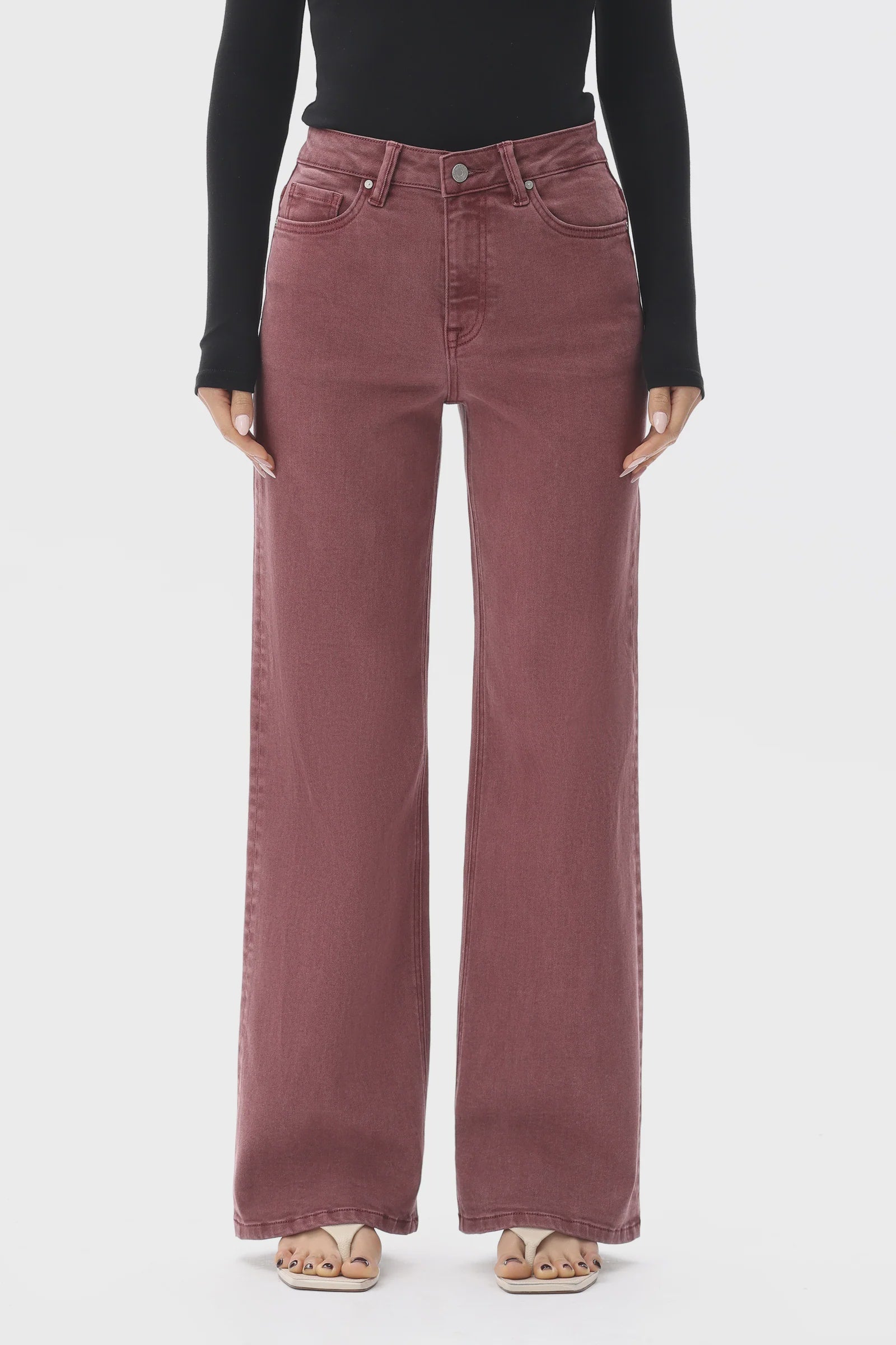 Burgundy New York jeans featuring a flattering mid-to-high-rise fit, streamlined silhouette, and comfortable stretch denim. The versatile style offers an effortless look for everyday wear or elevated outfits.