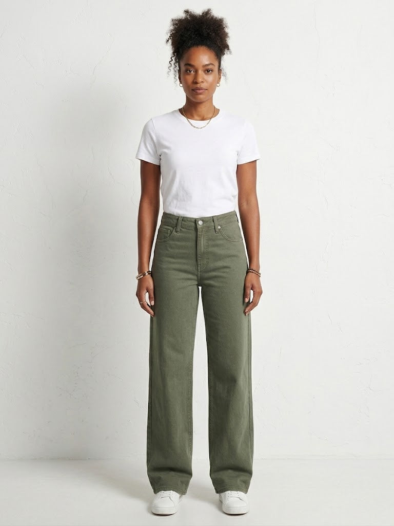 Wide-leg jeans in comfortable stretch denim featuring a relaxed fit, 10-inch rise, and raw-edge hem for a modern, casual look. Versatile style suitable for the office, classroom, or weekend wear.
