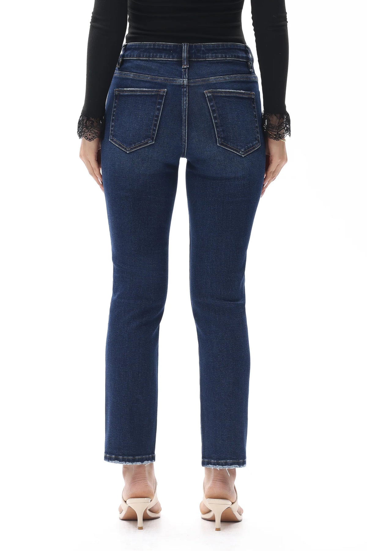 Hong Kong jeans featuring a comfortable mid-to-high-rise fit and stretchy denim, designed for versatile everyday wear that can be dressed up or down.