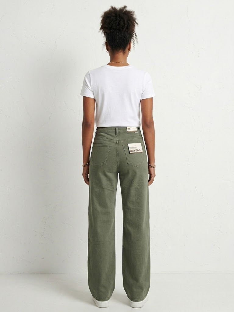Wide-leg jeans in comfortable stretch denim featuring a relaxed fit, 10-inch rise, and raw-edge hem for a modern, casual look. Versatile style suitable for the office, classroom, or weekend wear.
