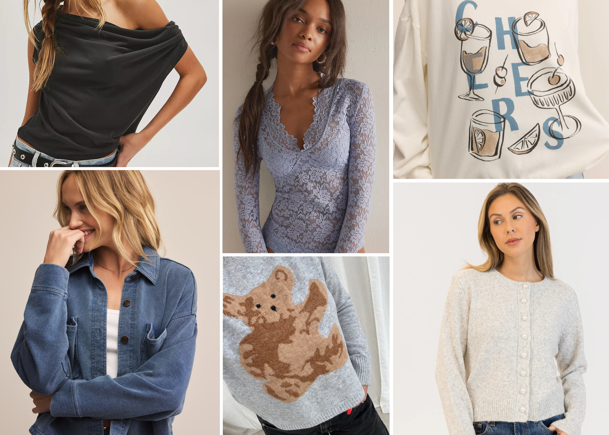 Collage of women wearing various outfits including a black top, blue sweater, white shirt with graphic design, denim jacket, and white sweater.