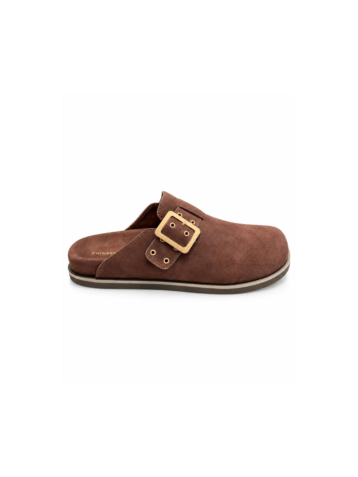 Chinese Laundry Cove Suede Clogs in Chocolate, featuring a rich brown faux-suede upper, gold-tone buckle with a rounded closed toe, open-back slip-on design, and contrasting dark sole.