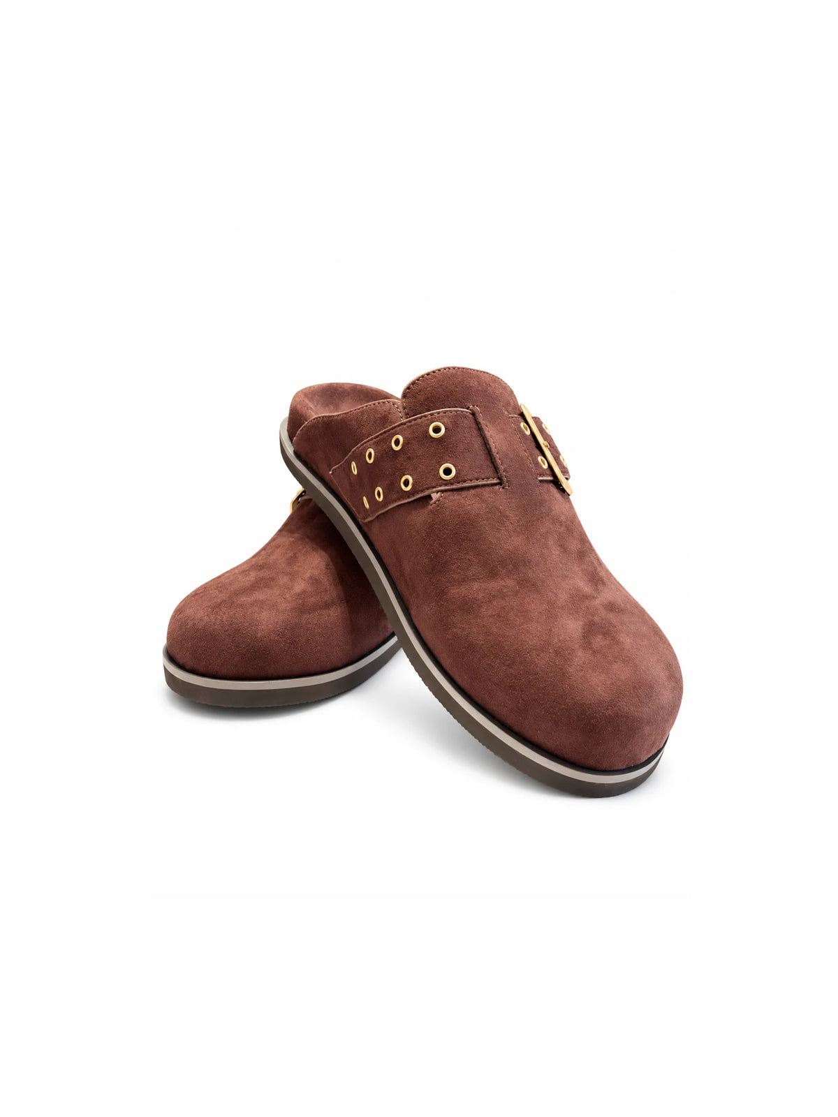 Chinese Laundry Cove Suede Clogs in Chocolate, featuring a rich brown faux-suede upper, gold-tone buckle with a rounded closed toe, open-back slip-on design, and contrasting dark sole.
