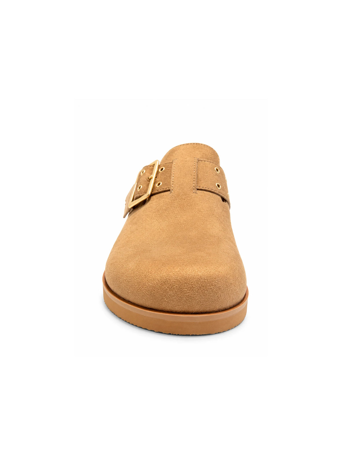 Chinese Laundry Cove suede clogs in natural tan, featuring a rounded closed toe, adjustable strap with gold buckle detailing, and a comfortable slip-on design.