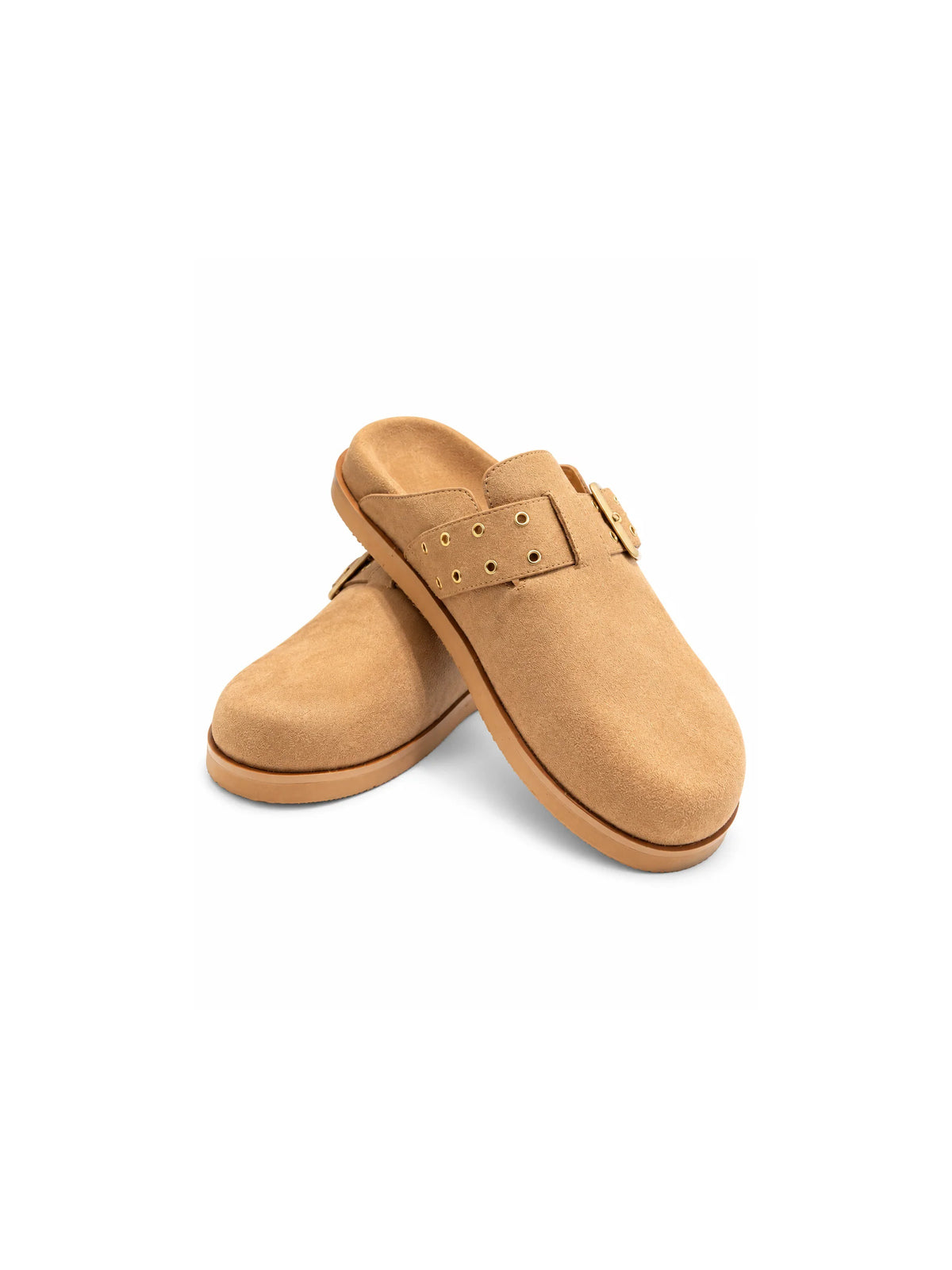 Chinese Laundry Cove suede clogs in natural tan, featuring a rounded closed toe, adjustable strap with gold buckle detailing, and a comfortable slip-on design.