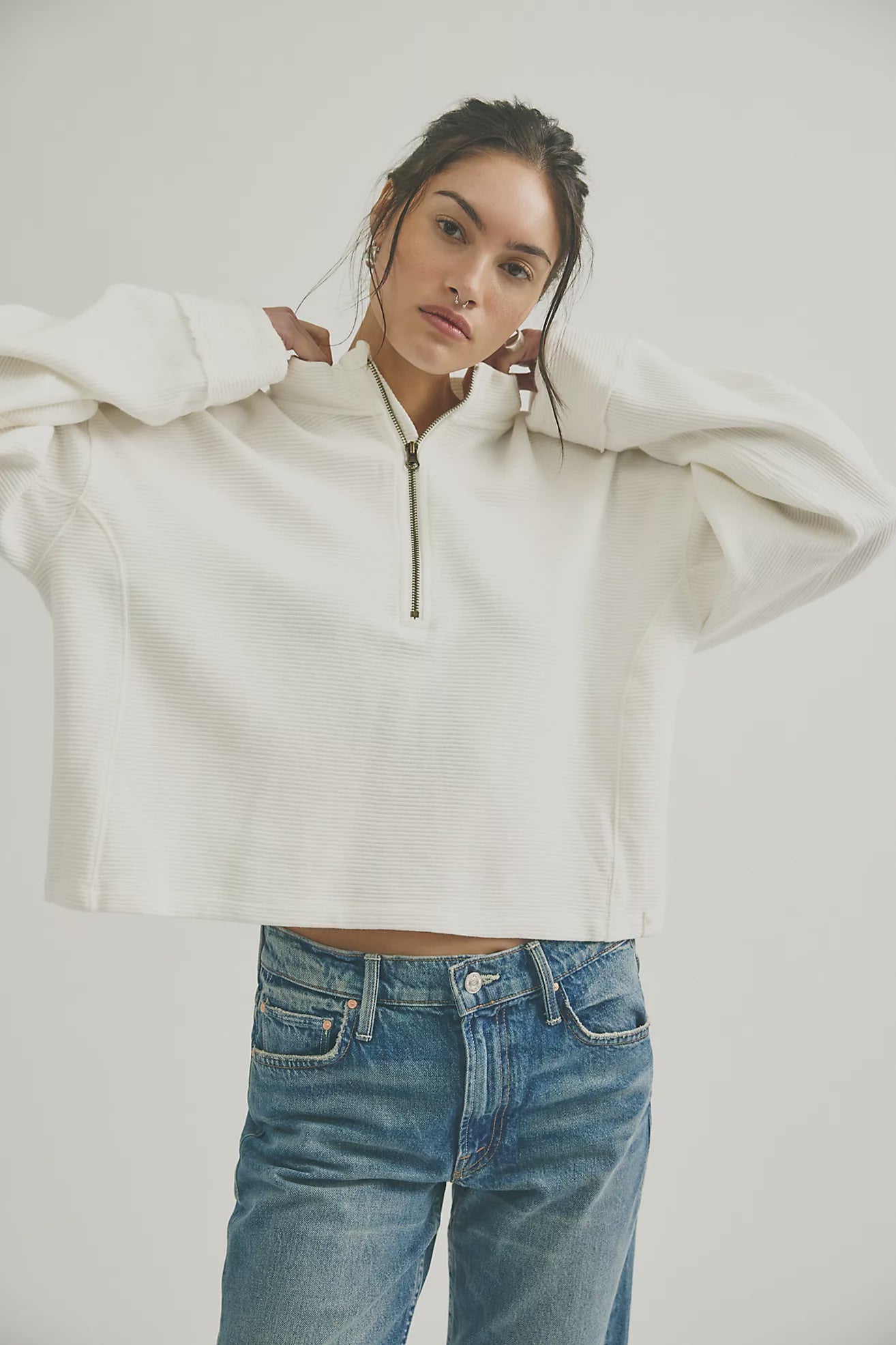 cotton ripped quarter zip sweater in clean ivory. mid length / oversized 