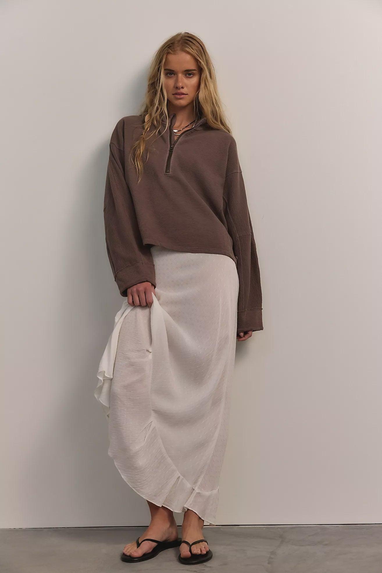 mocha coloured quarter zip sweater. mid length / oversized