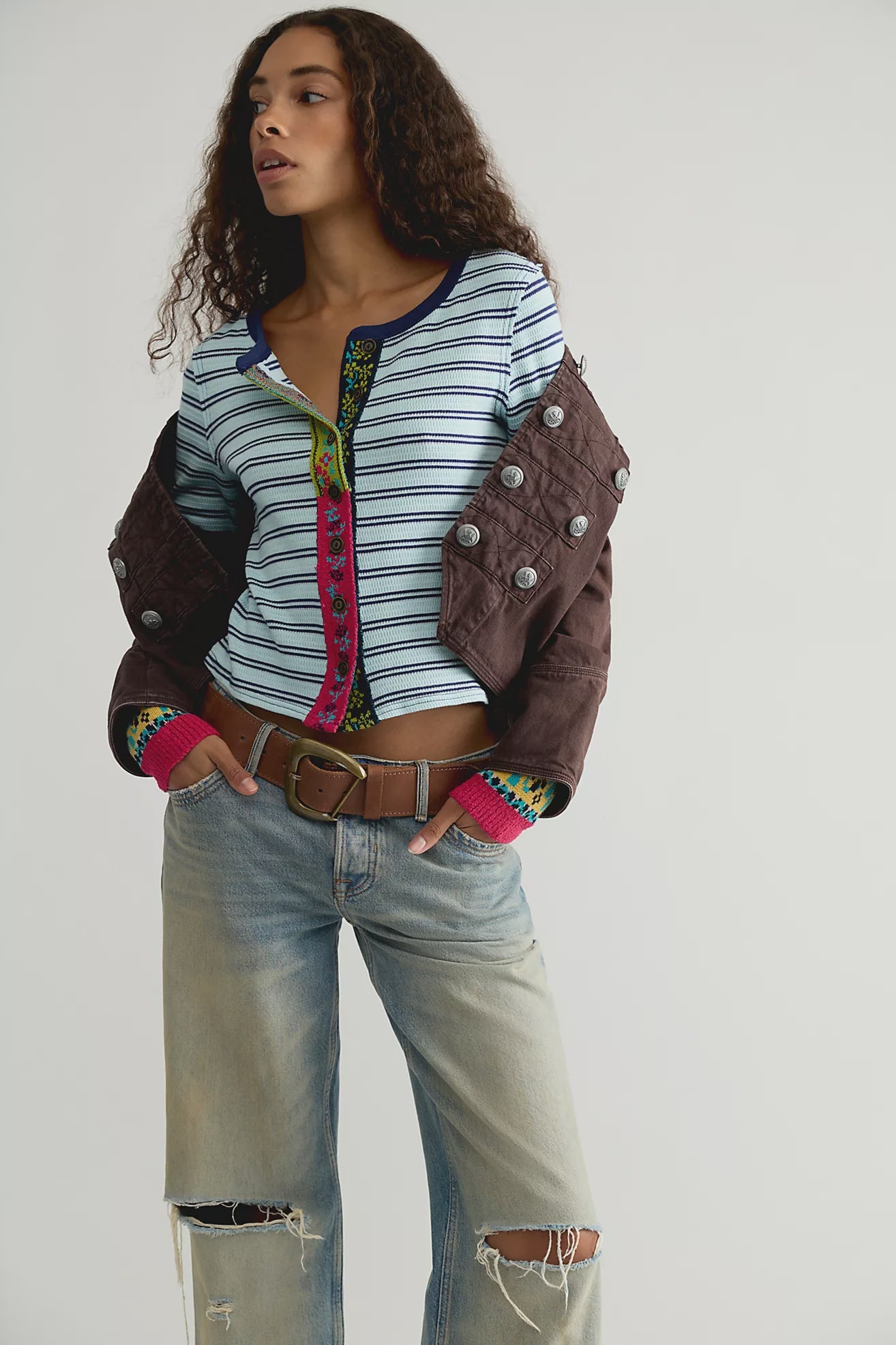 Free People Noa Cardi in Blue Pop Combo featuring a fitted silhouette, soft ribbed cotton fabric, blue and white horizontal stripes, crew neckline, long sleeves, button-front closure, and colourful embroidered detailing along the front panels and cuffs.