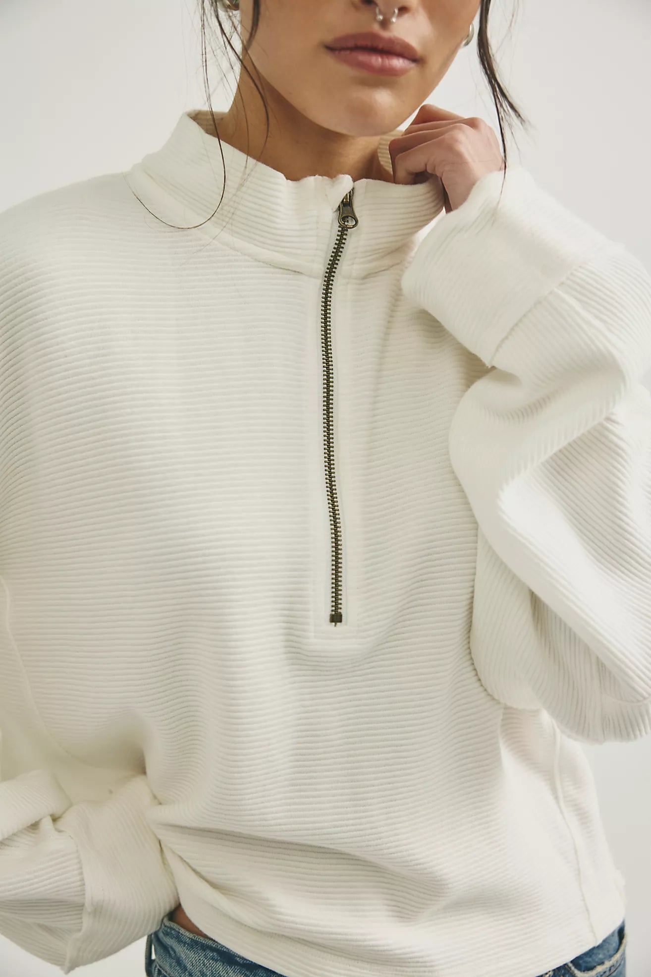 cotton ripped quarter zip sweater in clean ivory. mid length / oversized 