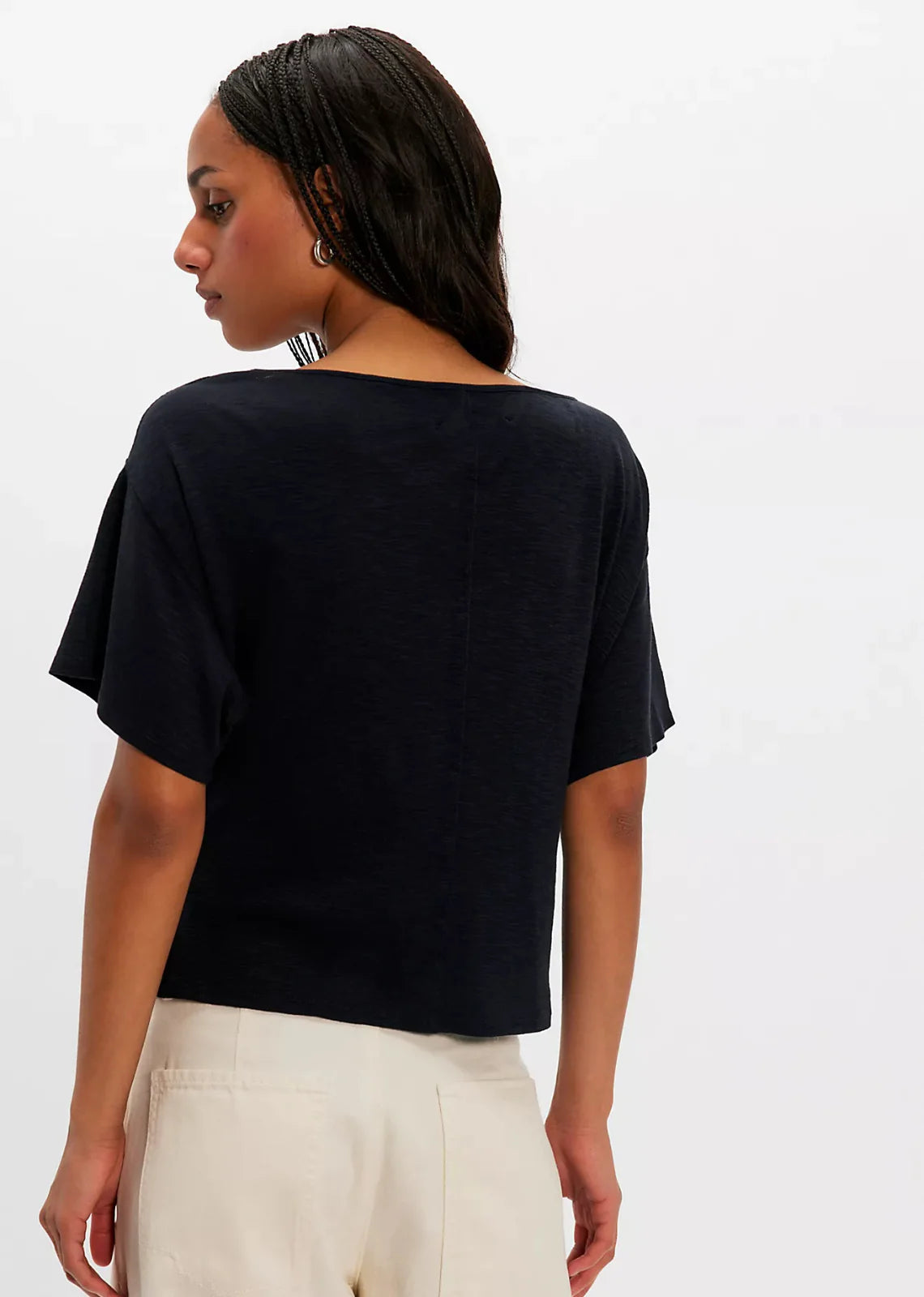 black cowl neck top. mid - full length and loose fitted short sleeves
