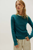 Waffle-knit long sleeve top in turqoise, featuring a relaxed slim fit, crew neckline, raglan sleeves, lettuce-edge trim, and subtle seam detailing.
