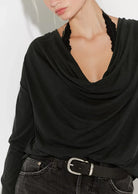 Jane Long Sleeve top featuring a soft, draped cowl neckline that can be styled off the shoulder, long fitted sleeves, and a flattering, body-skimming silhouette with an effortlessly feminine look.