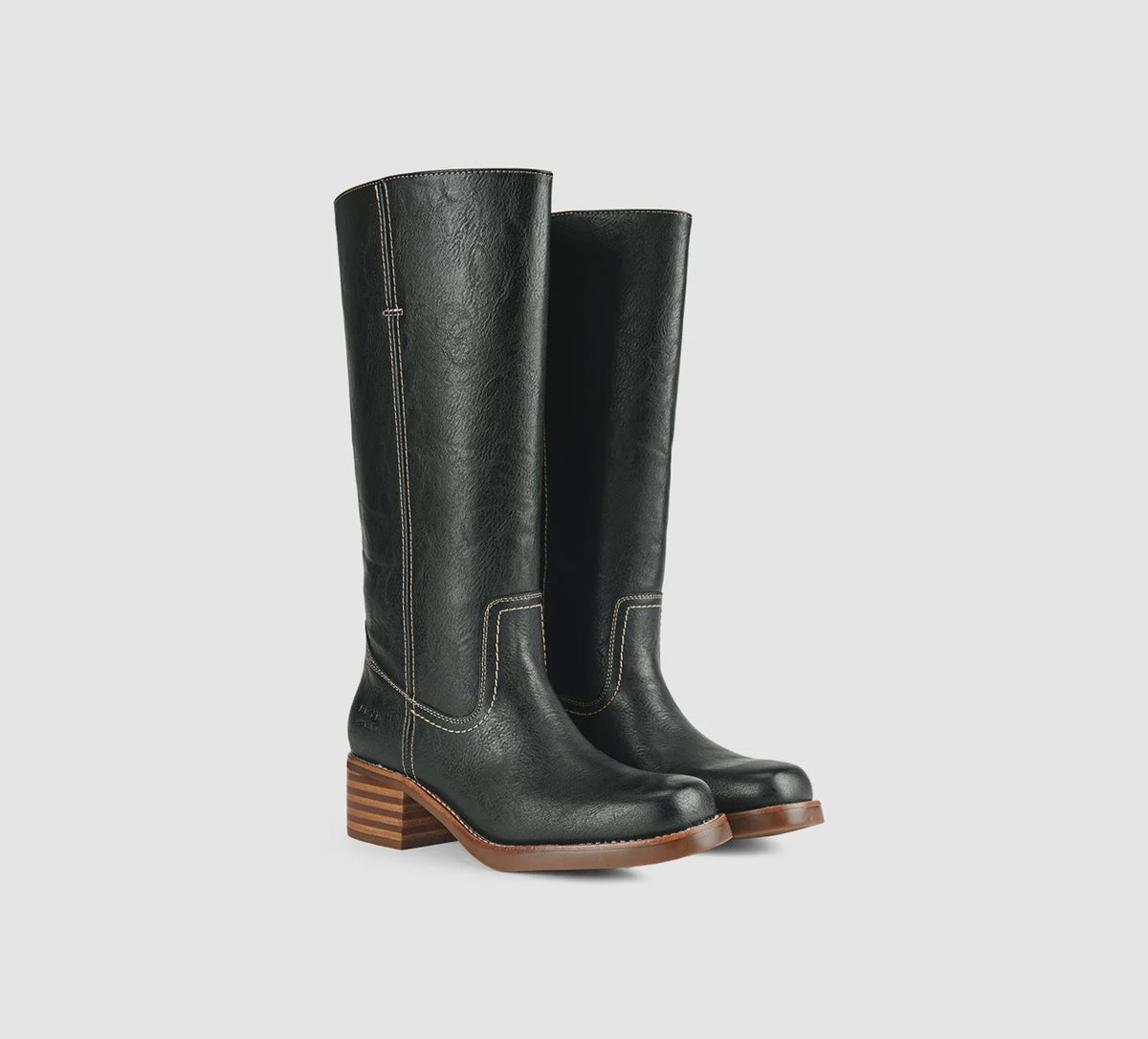 Black Miranda 14 tall Western-inspired boots featuring a sleek vegan leather finish, square toe, 2-inch stacked block heel, and pull-on design with internal pull loops for easy wear.