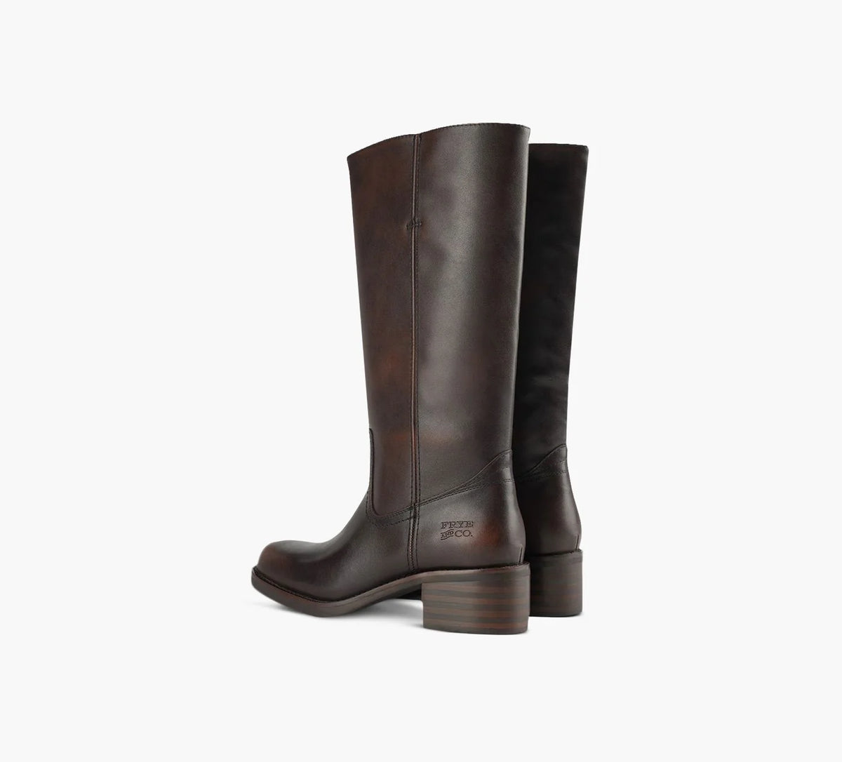 Brown Miranda 14 tall Western-inspired boots featuring a sleek vegan leather finish, square toe, 2-inch stacked block heel, and pull-on design with internal pull loops for easy wear.