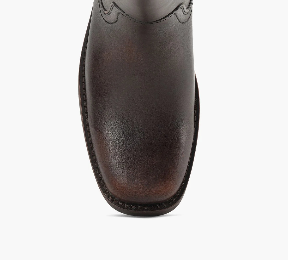 Brown Miranda 14 tall Western-inspired boots featuring a sleek vegan leather finish, square toe, 2-inch stacked block heel, and pull-on design with internal pull loops for easy wear.