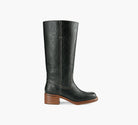 Black Miranda 14 tall Western-inspired boots featuring a sleek vegan leather finish, square toe, 2-inch stacked block heel, and pull-on design with internal pull loops for easy wear.