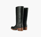 Black Miranda 14 tall Western-inspired boots featuring a sleek vegan leather finish, square toe, 2-inch stacked block heel, and pull-on design with internal pull loops for easy wear.