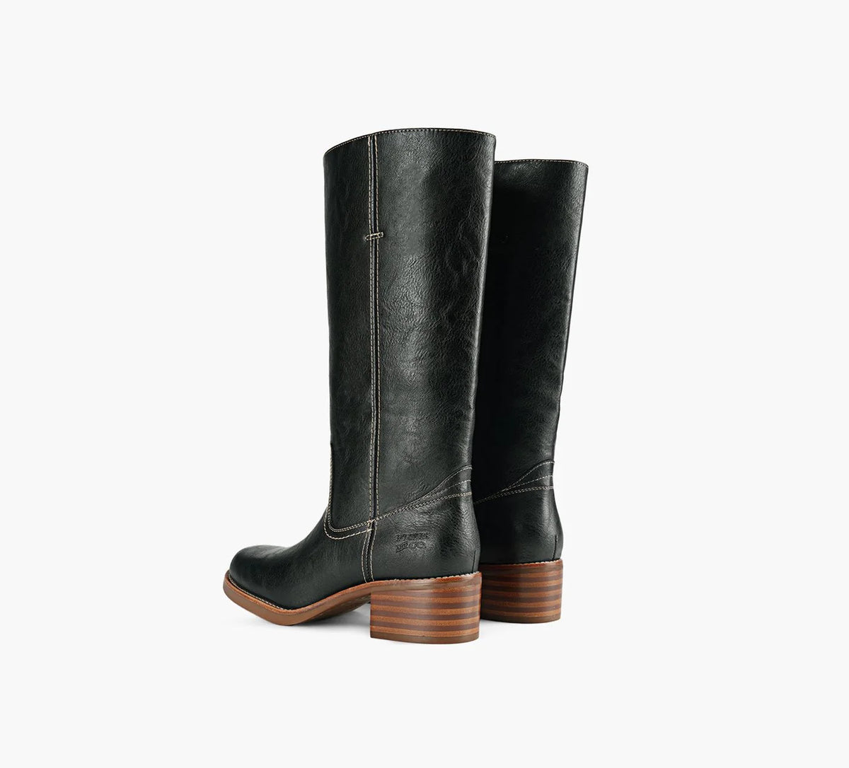 Black Miranda 14 tall Western-inspired boots featuring a sleek vegan leather finish, square toe, 2-inch stacked block heel, and pull-on design with internal pull loops for easy wear.