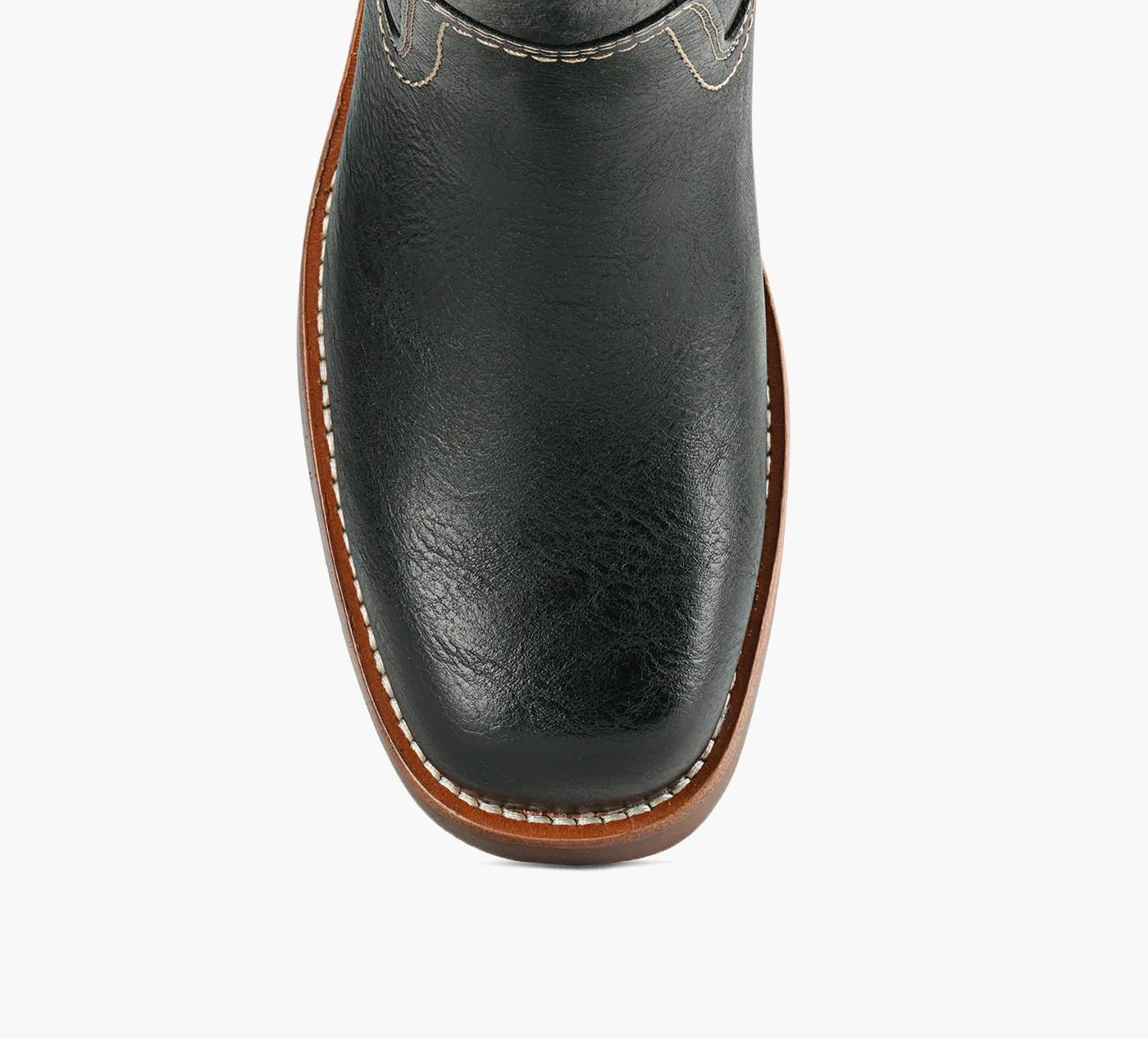 Black Miranda 14 tall Western-inspired boots featuring a sleek vegan leather finish, square toe, 2-inch stacked block heel, and pull-on design with internal pull loops for easy wear.