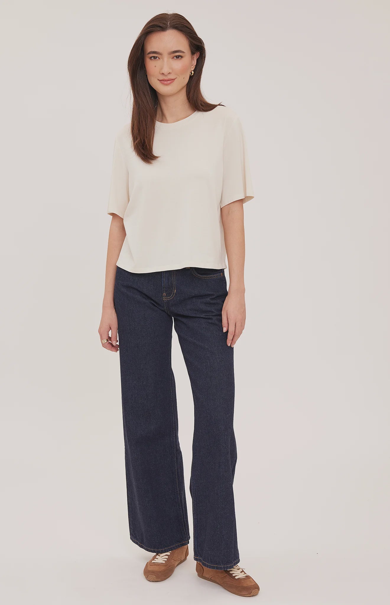 Codie t-shirt in a soft cotton-modal blend with a classic crew neckline, short sleeves, and a relaxed everyday fit. Available in Black and Cream.