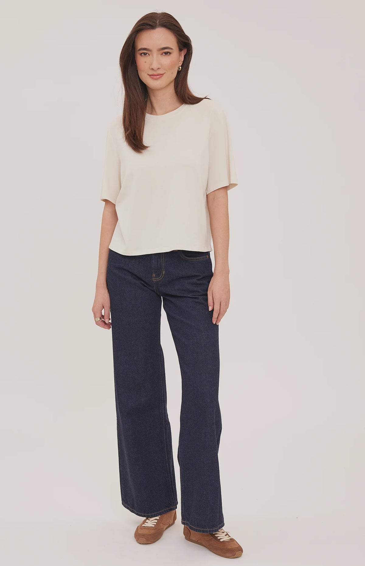 Codie t-shirt in a soft cotton-modal blend with a classic crew neckline, short sleeves, and a relaxed everyday fit. Available in Black and Cream.