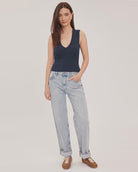 Women's navy blue ribbed cropped tank top featuring a V-neckline, wide straps, and a fitted cropped silhouette in a comfortable stretch ribbed knit.