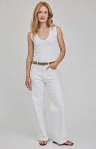 Women's white ribbed cropped tank top with a V-neckline, wide straps, and a contour fit crafted from a soft stretch knit fabric.