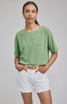 Jade Green Gemini top in a lightweight rayon-linen blend featuring a boat neckline, side slits, and a relaxed, easy-to-style silhouette.